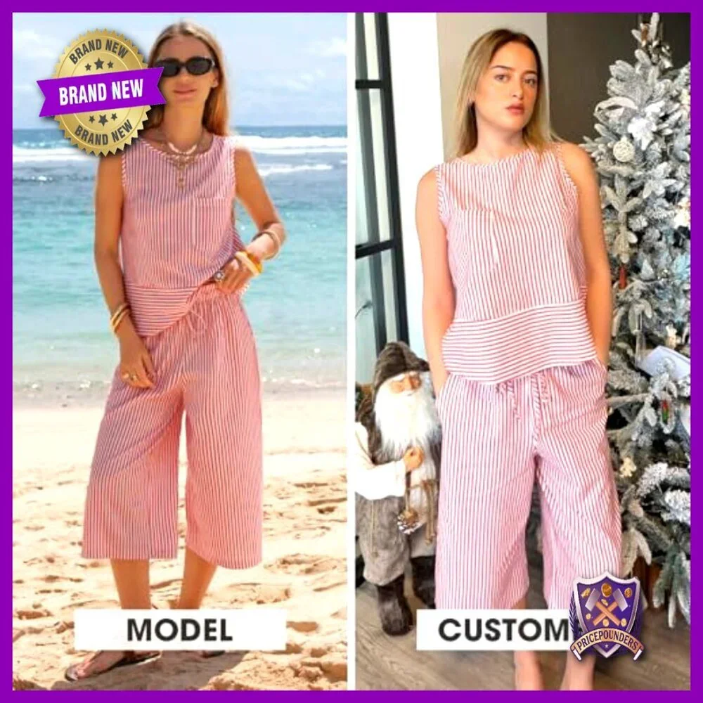 Striped Sleeveless Top & Wide Leg Capri Pants Set Faux Linen Summer Outfit